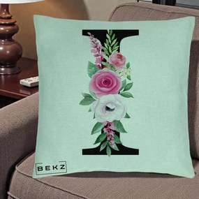 Cadou Personalizat - Perna Personalizata Monograma Florala Litera I, 40x40 cm, Verde Menta, Husa Detasabila, Perna Inclusa, BEKZ®