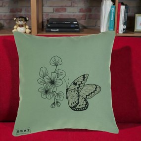 Perna Decorativa Fluture si Flori Linie Monocroma, 40x40 cm, Verde, Husa Detasabila, Perna Inclusa, BEKZ®