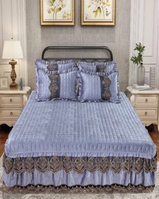 Cuvertura de pat si 2 fete de perna, catifea, pat 2 persoane, albastru deschis / negru, CCC-81