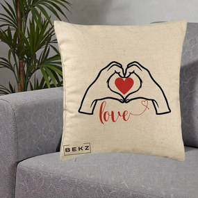 Perna Decorativa Love Maini Inima cu Inscriptie Love Rosu, 40x40 cm, Bej, Husa Detasabila, Perna Inclusa, BEKZ®