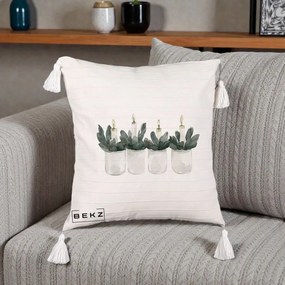 Perna Decorativa Lumanari in Borcane cu Eucalipt, 40x40 cm, Bej cu Franjuri, Husa Detasabila, Perna Inclusa, BEKZ®