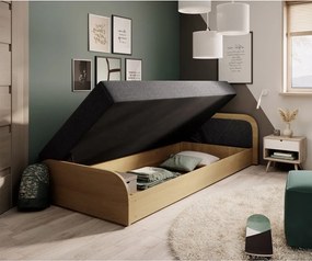 Pat galben ocru/gri închis tapițat/din placă aglomerată de lemn cu spațiu de depozitare cu saltea 80x190 cm Parys – ELTAP