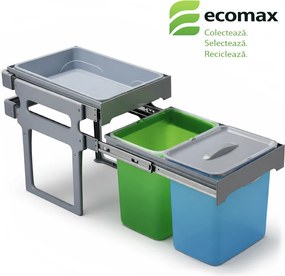 Cos gunoi incorporabil Tank 40 Ecomax, cu extragere totala, colectare selectiva, 2 x 16 l Polipropilena, Gri Verde Albastru, H:428 mm; L:339 mm; A:486