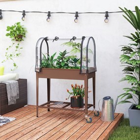 Outsunny Strat de Gradină Înălțat cu Acoperiș de Sera, Jardiniera Mobilă cu Roți și Raft Inferior pentru Legume, Flori, Ierburi | Aosom Romania