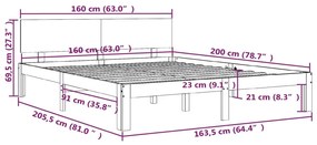 Cadru de pat, gri, 160x200 cm, lemn masiv de pin Gri, 160 x 200 cm