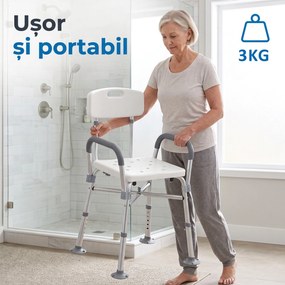 HOMCOM Scaun de Baie din Aluminiu Reglabil, cu Spătar și Brațe, Pernă Moale, Antialunecare, Alb | Aosom Romania
