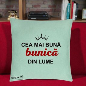 Cadou pentru Bunica - Perna Personalizata Cea Mai Buna Bunica Din Lume Coroana Neagra, 40x40 cm, Verde Menta, Husa Detasabila, Perna Inclusa, BEKZ®
