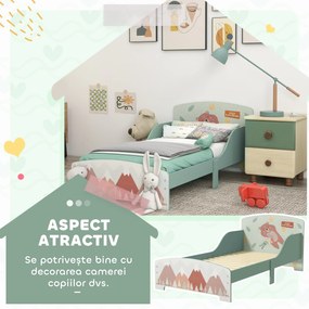 ZONEKIZ Pat pentru Copii 3-6 Ani cu Margini Înălțate și Design cu Animale, 77x143x60 cm, Verde | Aosom Romania