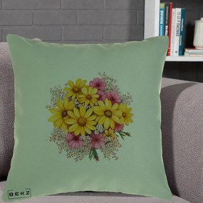 Perna Decorativa Floarea-Soarelui cu Cosmos Roz si Gypsophila, 40x40 cm, Verde, Husa Detasabila, Perna Inclusa, BEKZ®