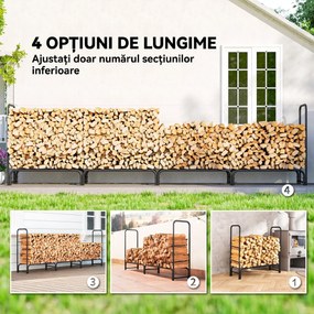 Outsunny Suport pentru Lemne 1 m³, Reglabil, cu Husă Impermeabilă din PE, Metal, 360 x 36 x 99 cm, Negru și Verde Închis | Aosom Romania