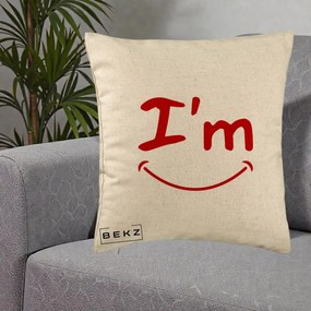 Perna Decorativa I'm Happy Smile, 40x40 cm, Bej, Husa Detasabila, Perna Inclusa, BEKZ®