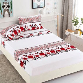 Husa de pat cu elastic si 2 fete de perna, tesatura tip finet, pat 2 persoane, alb / rosu, HBF-225