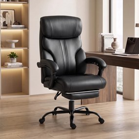 HOMCOM Scaun de birou ergonomic rotativ, rabatabil 165°, din piele ecologică PU, cu suport pentru picioare și înălțime reglabilă, negru | Aosom Romania