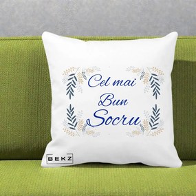Cadou pentru Socru - Perna Personalizata Cel mai Bun Socru cu Ramuri Frunze Albastre si Aurii, 40x40 cm, Alba Mata, Husa Detasabila, Perna Inclusa, BEKZ®