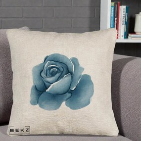 Perna Decorativa Trandafir Albastru Acuarela, 40x40 cm, Bej Canapea, Husa Detasabila, Perna Inclusa, BEKZ®