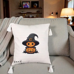 Perna Decorativa Halloween Dovleac Vrajitor Kawaii, 40x40 cm, Bej cu Franjuri, Husa Detasabila, Perna Inclusa, BEKZ®