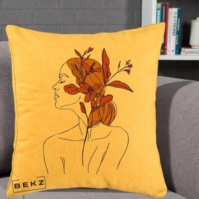Perna Decorativa Portret Feminin Crin Ruginiu Auriu, 40x40 cm, Galben, Husa Detasabila, Perna Inclusa, BEKZ®