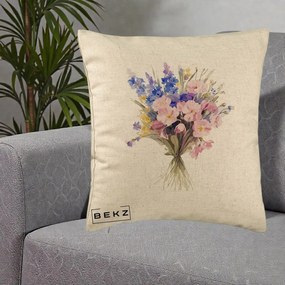 Perna Decorativa Buchet Floral Acuarela Primavara, 40x40 cm, Bej, Husa Detasabila, Perna Inclusa, BEKZ®
