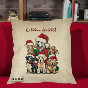 Perna Decorativa Caini cu Bonete Craciun Fericit, 40x40 cm, Crem, Husa Detasabila, Perna Inclusa, BEKZ®