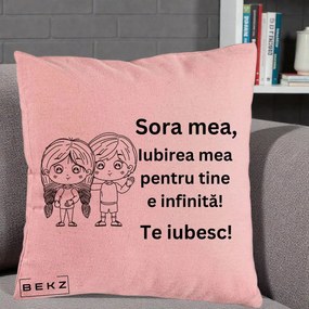 Cadou pentru Sora - Perna Personalizata Sora Mea Te Iubesc Copii Anime Line Art, 40x40 cm, Roz, Husa Detasabila, Perna Inclusa, BEKZ®
