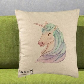 Perna Decorativa Unicorn Acuarela Pastel, 40x40 cm, Bej, Husa Detasabila, Perna Inclusa, BEKZ®