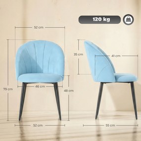 HOMCOM Set de 2 Scaune de Sufragerie din Catifea, Scaune Bucătărie cu Spătar Curbat în Formă de Scoică, Picioare din Oțel, Stil Nordic, Scaun Tapițat pentru Bucătărie, Dormitor, Living, Albastru Deschis | Aosom Romania