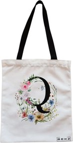 Sacosa de Panza pentru Cumparaturi, Geanta Tote, Cu litera Q in Coronita Florala, Cu fermoar, 38x34.5 cm, Alba, BEKZ®