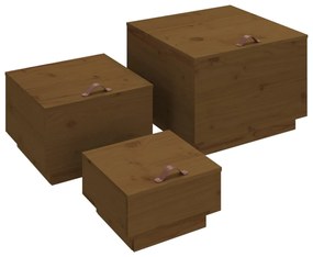 Cutii de depozitare cu capace 3 buc. maro miere lemn masiv pin maro miere