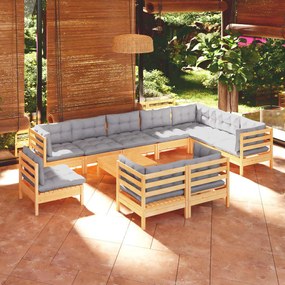 Set mobilier de gradina cu perne, 11 piese, gri, lemn masiv pin
