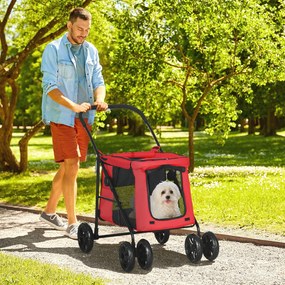 PawHut Cărucior pliabil pentru animale câini pisici cu pernă inclusă, roți cu frână, material textil Oxford 600D, 102 x 62 x 105 cm, roșu | Aosom Romania