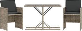 vidaXL Set bistro cu perne, 3 piese, gri deschis, poliratan