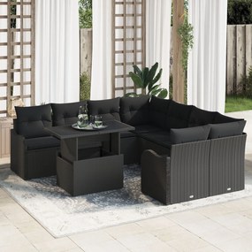 Set de canapea grădină cu 9 piese cu perne Ratan Poly Negru vidaXL