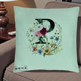Cadou Personalizat - Perna Personalizata Monogram Litera P cu Flori Acuarela, 40x40 cm, Verde Menta, Husa Detasabila, Perna Inclusa, BEKZ®