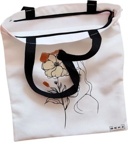 Sacosa de Panza pentru Cumparaturi, Geanta Tote, Flower Lady 5, Cu fermoar, 38x34.5 cm, Alba, BEKZ®