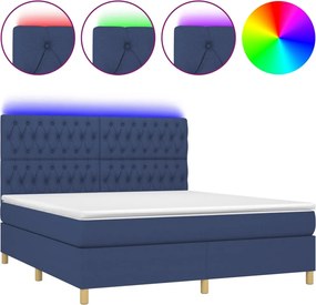 vidaXL Pat cu arcuri, saltea și LED, albastru, 160x200 cm, textil