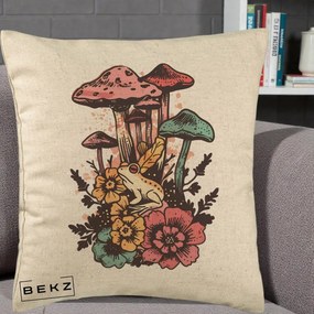 Perna Decorativa Ciuperci si Broaste Boho, 40x40 cm, Bej, Husa Detasabila, Perna Inclusa, BEKZ®