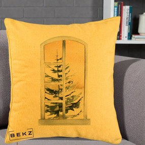 Perna Decorativa Fereastra cu Brad de Iarna, 40x40 cm, Galben, Husa Detasabila, Perna Inclusa, BEKZ®