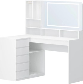 SEA32 - Set Masa toaleta 120 cm pentru colt, cosmetica machiaj, oglinda cu LED, masuta vanity cu 5 sertare, Organizator Bijuterii - Alb