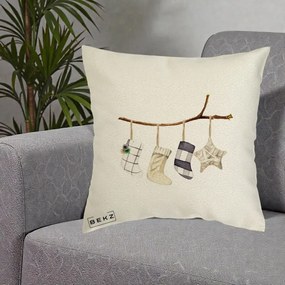 Perna Decorativa Ciorapi de Craciun pe Ramura, 40x40 cm, Ecru, Husa Detasabila, Perna Inclusa, BEKZ®