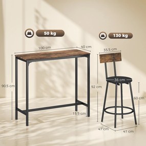HOMCOM Set Masă de Bar cu 2 Scaune Înalte, Spătar, Suport pentru Picioare, MDF, Metal, 100x40x90,5 cm, Maro Rustic | Aosom Romania