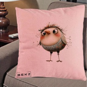 Perna Decorativa Pasare cu Penaj Zbarlit si Gene, 40x40 cm, Roz, Husa Detasabila, Perna Inclusa, BEKZ®