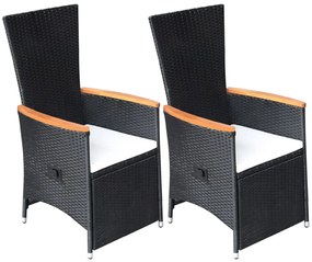 vidaXL Scaune de grădină rabatabile cu perne, 2 buc., negru, poliratan