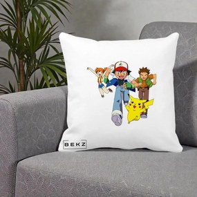 Perna Personalizata Pokemon Ash Misty Brock si Pikachu, 40x40 cm, Alba Mata, Husa Detasabila, Perna Inclusa, BEKZ®