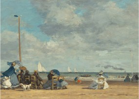 Tablou pe sticlă - Eugène Boudin, Beach  at Trouville, reproducere (70x50 cm)
