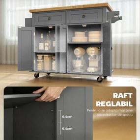 HOMCOM Căruț de Bucătărie cu 2 Sertare și 2 Dulapuri, Insulă de Bucătărie cu Blat din Lemn, 111x44,5x82,5 cm, Gri | Aosom Romania