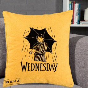 Perna Personalizata Wednesday cu Umbrela Ploaie Lineart, 40x40 cm, Galben, Husa Detasabila, Perna Inclusa, BEKZ®
