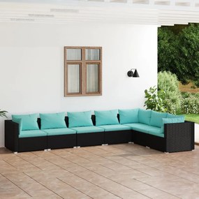Set mobilier de gradina cu perne, 7 piese, negru, poliratan negru si albastru acvatic, 3x colt + 4x mijloc, 1