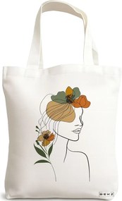 Sacosa de Panza pentru Cumparaturi, Geanta Tote, Flower Lady 11, 38x34.5 cm, Alba, BEKZ®