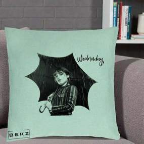Perna Personalizata Wednesday Addams cu Umbrela Foto, 40x40 cm, Verde Menta, Husa Detasabila, Perna Inclusa, BEKZ®