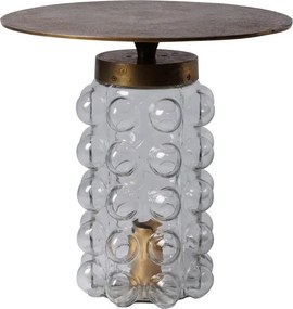 Măsuță laterală iluminată rotundă din metal și sticlă, auriu, cu bază din sticlă cu bule, finisaj antichizat, 45 x 45 cm, „Mirobola”